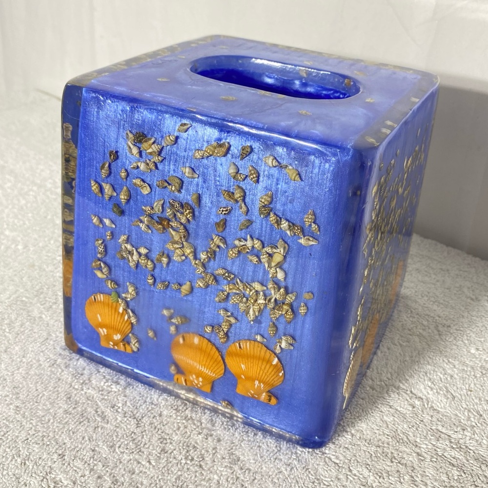 Vintage Blue and Gold Seashell Vomit Tissue Box Cover Cottagecore Grannycore